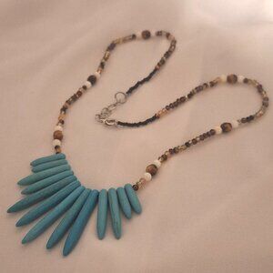 Artisan Beaded Bohemian Turquoise Spikes Shell Crystal Necklace